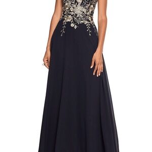 Betsy & Adam Gold and Black Embellished Backless Gown